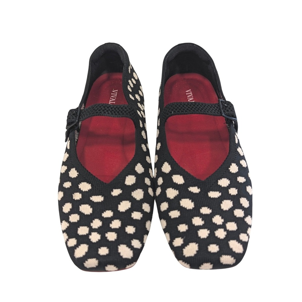 Vivaia Margot Mary Jane Polka Dot Knit Square Toe Flats Black White Red EU 38.5